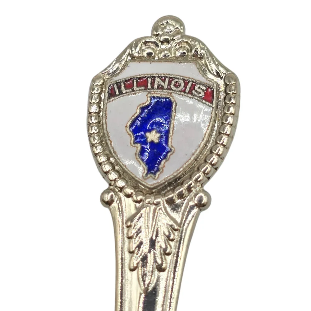 Illinois Collectors Demitasse Souvenir Spoon Silver Tone Enamel Shield Design